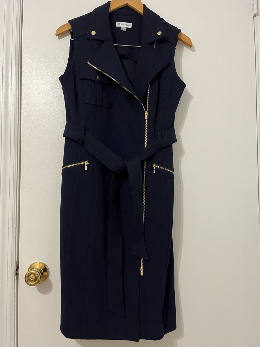 Calvin Klein Navy Sleeveless Moto Pencil Dress with Zip